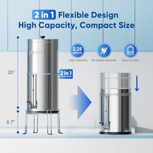 Purewell 8-Stage 0.01μm Ultra-Filtration Water Filter System, 304 Stainless Steel Countertop System with 4 Filters, Metal Water Level Spigot and Stand, Reduce Fluoride and Chlorine, 2.25G, PW-OB-CF
