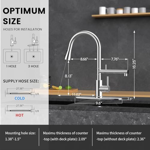 FEELSO Kitchen Faucets, Upgraded Filter Water Kitchen Faucet with Pull Down Sprayer, Brushed Nickel Stainless Steel High Arc 1 Or 3 Hole Kitchen Sink Faucet for Remove Chorine, Harmful Substances