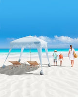 OutdoorMaster Beach Cabana with Fringes, Portable 6' x 6' Beach Canopy for Sand, Easy Set Up Sun Shelter, Included Side Wall, UPF 50+ UV Protection Sun Umbrella - for Family & Friends -Wave Point