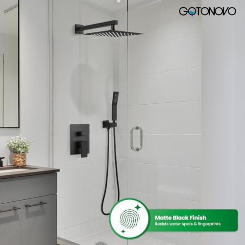 gotonovo Rainfall Bathroom Shower System Rain Shower Head and Handle Set Wall Mounted Shower Complete Combo Solid Brass Pressure Balancing Shower Mixer Valve 12 Inch Matte Black