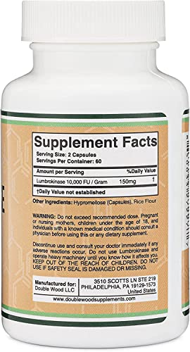 Lumbrokinase Enzymes Supplement - 120 Capsules (Max Activity 10,000 FU/Gram) 150mg per Serving (No Fillers, Manufactured in The USA) for Cardiovascular and Blood Circulation Support by Double Wood