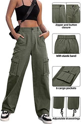 ZMPSIISA Women High Waisted Cargo Pants Wide Leg Casual Pants 6 Pockets Combat Military Trousers