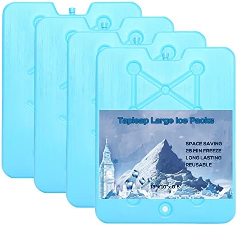XL Large Ice Packs for Coolers - Slim Freezer Packs for Camping- Long Lasting Reusable Dry Ice Blocks, 13 x 10 x 0.5 inch, Quick Freeze - Set of 4
