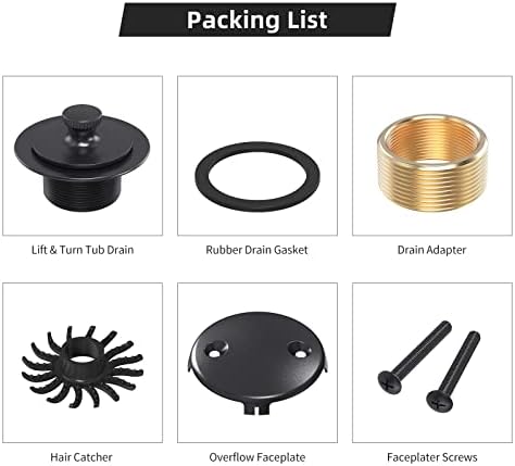 Matte Black Tub Drain and Overflow Kit, Replacement Bath Tub Drain Trim Set,Lift & Turn Bathtub Drain Kit with 2-Hole Overflow Faceplate Conversion Kit Assembly Fine/Coarse Thread