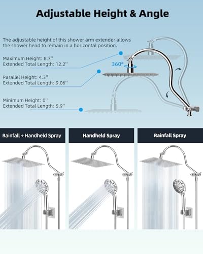 Hibbent 12'' All Metal Shower Head, High Pressure Rainfall Shower Head, Handheld Showerhead Combo, 12'' Adjustable Curved Shower Extension Arm, 7-Spray, 71'' Hose, Adhesive Showerhead Holder, Chrome
