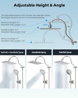 Hibbent 12'' All Metal Shower Head, High Pressure Rainfall Shower Head, Handheld Showerhead Combo, 12'' Adjustable Curved Shower Extension Arm, 7-Spray, 71'' Hose, Adhesive Showerhead Holder, Chrome