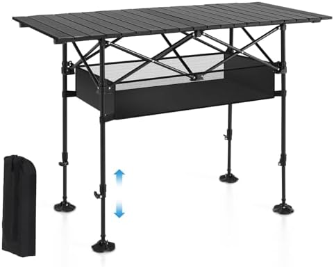 ALPHA CAMP Folding Camping Table, Portable Roll-up Outdoor Table with Adjustable Height, Large Storage Bag and Carrying Bag, Tall Aluminum Table for Indoor & Outdoor Picnic BBQ Backyards Beach