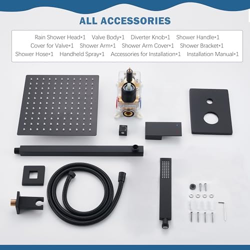 Black Shower System, Shower Faucet Set with 10-Inch Rain Showerhead and Handheld Spray, Wall Mounted High-Pressure Showerhead Combo Set Included Valve and Trim, Matte Black