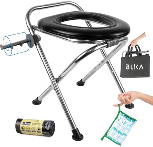 BLIKA Portable Toilet for Camping, 350LBS Stainless Steel Foldable Camp Travel Toilet with Soft Seat for Adults, Portable Potty for Camping, RV Travel, Road Trips, Includes Waste Bags with Gel