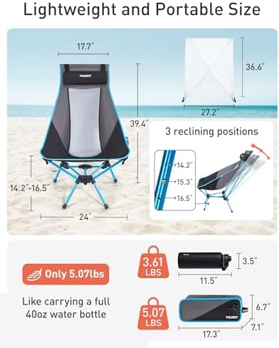 TOURIT Folding Beach Chair with Sunshade, Portable Camping Backpack Chair with Head Support, Low Profile, Lightweight High Back Design for Adults, UPF 50+ Sun Protection, Supports 380 lbs, Black
