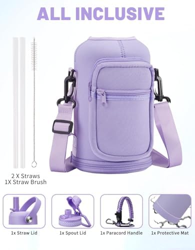 Half Gallon Water Bottle Insulated - 64 oz Water Bottle with Carrying Sleeve, Paracord Handle, Straw Spout Lid, Leak-proof Metal Hydro Water Jug for Workout Sport Hiking Gym, Purple Big Flask Thermo
