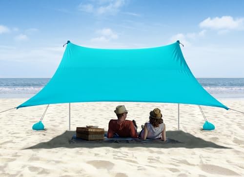 Beach Tent, Camping Sun Shelter 10 x 10ft, with 4 Sandbags, UPF50+, Includes Sand Shovel, Ground Pegs & Stability Poles, Pop Up Beach Canopy Sunshade for Fishing, Backyard Fun or Picnics (Cyan)