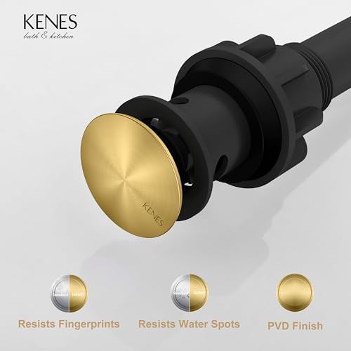 KENES Brushed Gold Pop Up Bathroom Sink Drain with Overflow Assembly with Strainer Lavatory Vanity Vessel Pop Up Drain Stopper