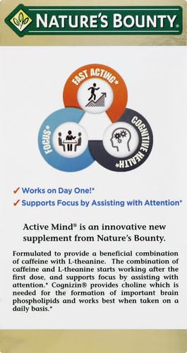 Nature's Bounty Active Mind Dietary Supplement, Supports Focus and Attention, 1000 mg Cognizin with L-Theanine and Caffeine Pills, 60 Caplets