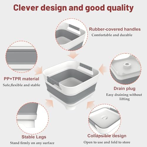 2.4 Gal Collapsbile Wash Basin with Drian Plug,9L Dish Pan for Soaking Baby Bottles,Portable Sink, Multiuse Foldable Bucket,Ice Beverage Tubs for Camping, Vegetable Washing, RV (Gray)