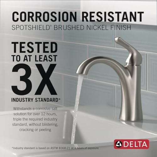 Delta Arvo Brushed Nickel Bathroom Faucet 1 Hole, Single Hole Bathroom Sink Faucet for Vanity, Push-Pop Drain Assembly, Spotshield Stainless 15840LF-SP