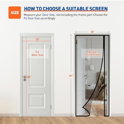 MAGZO Magnetic Screen Door Side Opening, Fits Door Size 36 x 80 Inch, Actual Mesh Size 38" x 81", Fiberglass Net Screen with Strong Magnet for Doorway, Gray