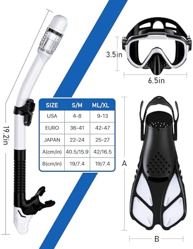 Snorkeling Gear for Adults Men Women,4 in 1 Snorkel Set with Panoramic View Diving Mask Anti-Fog Anti-Leak,Dry Top Snorkel,Fins and Travel Bag for Swimming,Snorkeling and Travel Diving