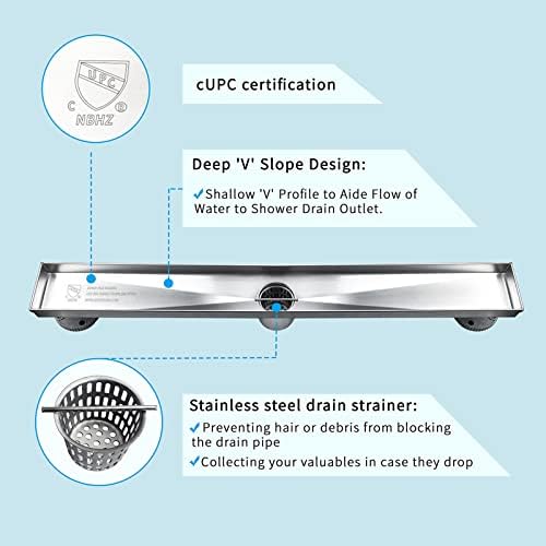 Neodrain 24-Inch Linear Shower Drain with Tile Insert Grate,Brushed 304 Stainless Steel Rectangle Shower Floor Drain, Linear Drain with Leveling Feet, Hair Strainer