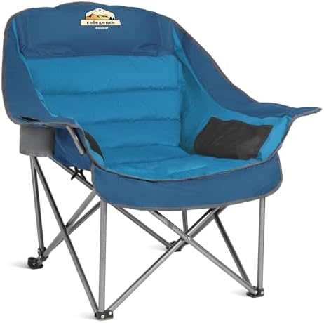 Oversized XL Padded Camping Chair Wide Heavy Duty Lawn Chairs Support 450 LBS Portable Folding Gaint Plus Camp Chair with Side Pocket Cup Holder for Outdoor Outside Sports Baseball Soccer-Blue