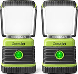 LED Camping Lantern, Consciot Battery Powered Camping Lights, 1000LM, 4 Light Modes, IPX4 Waterproof Tent Lights, Portable Flashlight for Power Outages, Emergency, Hurricane, Hiking, 2-Pack