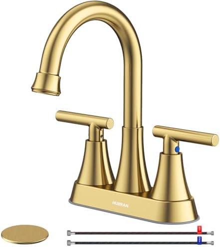 4 inch Brushed Gold Bathroom Sink Faucet with Pop-up Drain and 2 Supply Hoses, Stainless Steel Lead-Free 2-Handle Centerset Faucet for Bathroom Sink Vanity RV