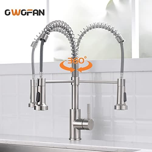 OWOFAN Kitchen Faucet Low Lead Commercial Solid Brass Single Handle Single Lever Pull Out Pull Down Sprayer Spring Kitchen Sink Faucet, Brushed Nickel Kitchen Faucets 866053SN