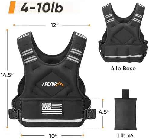 APEXUP Adjustable Weighted Vest, 4-10lb/12-18lb/20-32lb Vest with 6 Ironsand Weights and Large Pocket, Weight Vest for Men Women Strength Training, Running, Walking