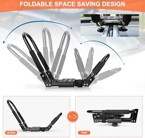 Folding Kayak Roof Rack 2 Pairs, 4pcs J-Bar Car Roof Racks for Kayak, Canoe, Paddle Boards, Skiboard, Surfboard, Foldable Kayak Roof Carrier for Car, SUV, Truck, Black (Folding Kayak Rack)