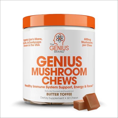 The Genius Brand Genius Mushroom - Plant-Based Supplement for Immune, Focus & Energy Support - Lion's Mane, Cordyceps & Reishi - Organic & Non-GMO - Butter Toffee - 60 Soft Chews