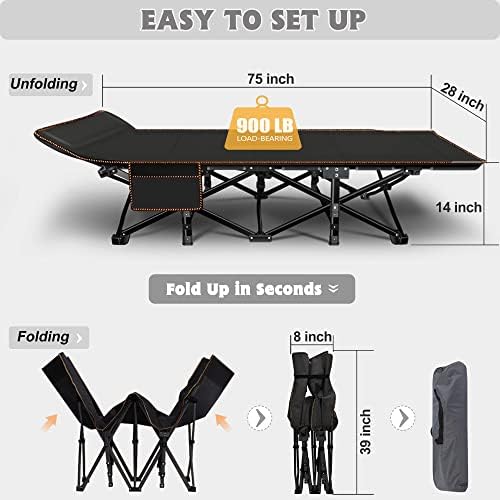 ABORON Folding Camping Cot W/Mat for Adults, Heavy Duty Outdoor Bed with Carry Bag,1200 D Layer Oxford Travel Camp Cots (Black Cot with Black Cotton Pad)