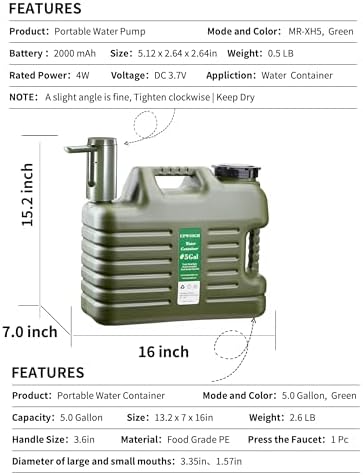 UPWOIGH Portable 5 Gallon Water Jug with Automatic Touch Control Pump,Truly No Leakage Water Container with Spigot,Type-C Rechargeable Military Green Water Pump Gear for Outdoors Camping Hiking