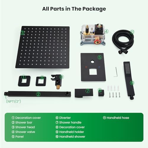 gotonovo Rainfall Bathroom Shower System Rain Shower Head and Handle Set Wall Mounted Shower Complete Combo Solid Brass Pressure Balancing Shower Mixer Valve 12 Inch Matte Black