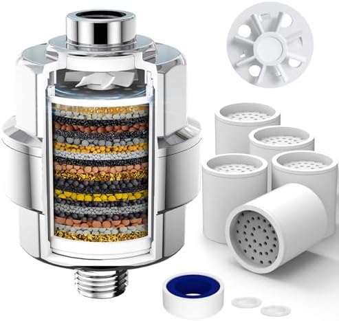 20-Stage Shower Filter-Shower Head Filter for Hard Water, with 5 Replaceable Cartridges, High Output Shower Water Filter for Removing Chlorine and fluoride, Polished Chrome