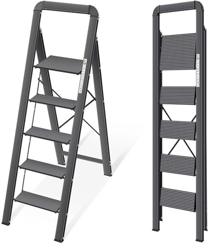 KINGRACK Aluminium 5 Step Ladder, Lightweight Step Stool with Non-Slip Pedals, Handrail, Folding Step Ladder for Kitchen, Garage, Home, Space Saving, Sturdy and Portable, Silver