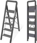 KINGRACK Aluminium 5 Step Ladder, Lightweight Step Stool with Non-Slip Pedals, Handrail, Folding Step Ladder for Kitchen, Garage, Home, Space Saving, Sturdy and Portable, Silver