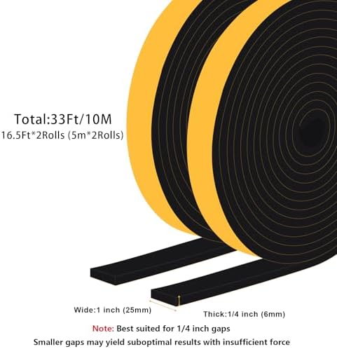 High Density Foam Weather Stripping Door Seal Strip Insulation Tape Roll for Insulating Door Frame, Window, Air Conditioner Soundproof Self Adhesive Sealing Weatherstrip(1 in x 1/4 in x 33 Ft)