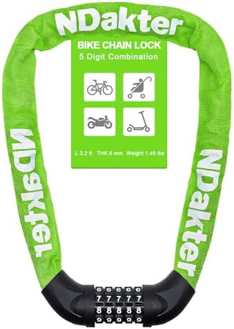 NDakter Bike Chain Lock, 5 Digit Combination Heavy Duty Anti Theft Bicycle Chain Lock,2.62/3.2/4.27/5/6Ft Long Security Resettable Bike Locks for Bike, Bicycle, Scooter, Door, Gate, Fence-4/6mm Thick