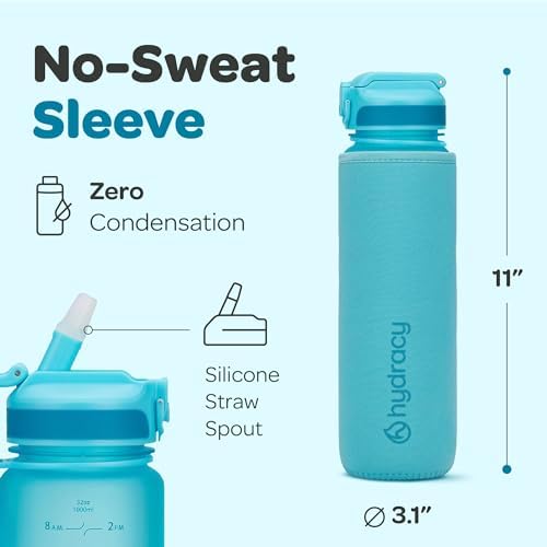 Hydracy Water Bottle with Time Marker -Large BPA Free Water Bottle & No Sweat Sleeve -Leak Proof Gym Bottle with Fruit Infuser Strainer & Times to Drink -Ideal for Fitness Sports & Outdoors