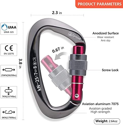 Heavy Duty Carabiner UIAA Certified Locking Carabiner 25KN (About 5620 lbs) Screw Lock Carabiner D Shape Carabiner Clip for Rock Climbing, Mountaineer, Aerial Work