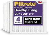 Filtrete 20x20x1 AC Furnace Air Filter, MERV 12, MPR 1500, CERTIFIED asthma & allergy friendly, 3 Month Pleated 1-Inch Electrostatic Air Cleaning Filter, 4-Pack (Actual Size 19.69x19.69x0.78 in)