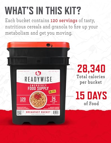 READYWISE - Breakfast Bucket, 120 Servings, Emergency, MRE Meal, Food Supply, Premade, Freeze Dried Survival Food for Hiking, Adventure & Camping Essentials, Individually Packaged, 25 Year Shelf Life