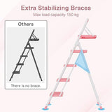 BONTEC 4-Step Ladder, 400lbs Max Load, Folding Step Stool with Tool Tray, Anti-Slip Pedals, Sturdy Steel, Lightweight Portable Ladder with Handrail for Home & Work Use, Pink