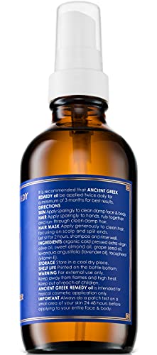 ANCIENT GREEK REMEDY Organic Face and Body Oil for Dry Skin, Hair, Hands, Cuticles and Nails Care. Olive, Lavender, Almond, Vitamin E and Grapeseed Oils. Natural Moisturizer for Women, Men 4oz