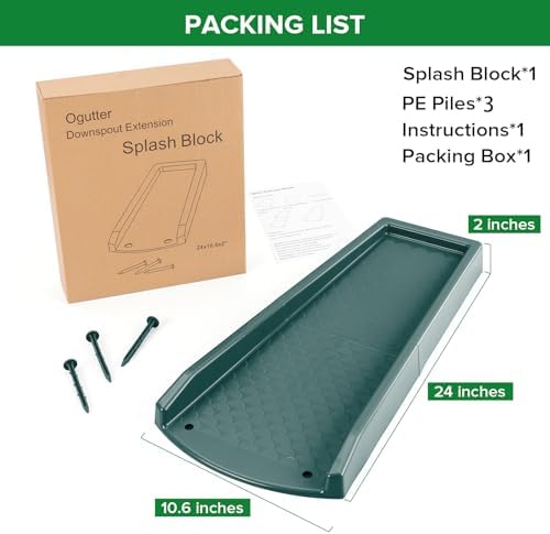 Splash Blocks for Gutters Downspouts, 24" Downspout Extensions for Rain Water Drainage, Thickened Gutter Splash Guard with Fixing Piles(1 Pack, Green)