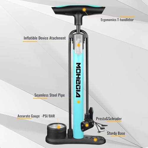 MOHEGIA Bike Floor Pump with Gauge,Air Bicycle Pump Inflator with High Pressure 160 PSI,Fits Schrader and Presta Valve