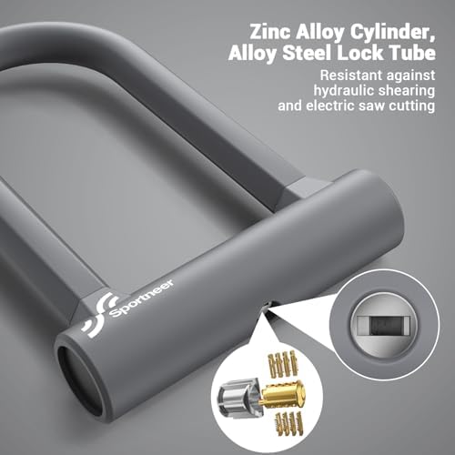 Sportneer Bike Lock - Heavy Duty Anti Theft Bike U Lock with 5ft Security Steel Cable - 17mm Shackle Bicycle U-Locks with Keys & Sturdy Mounting Bracket for Road, Mountain, Electric Bike, Grey