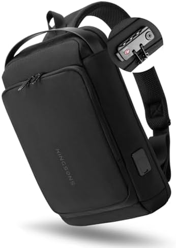 Kingsons Anti-theft Sling Backpack with Lock& Charger for Men, Small Black Casual Crossbody Bag, Mini Lightweight Chest Ipad Daypack for Travel Cycling Hiking