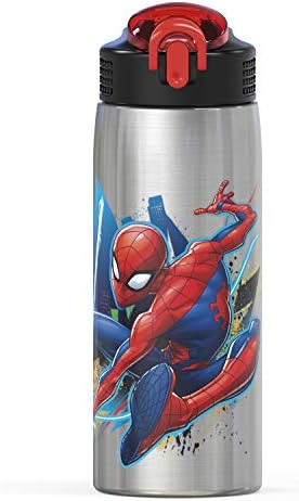 Zak Designs 27oz Marvel 18/8 Single Wall Stainless Steel Water Bottle with Flip-up Straw and Locking Spout Cover, Durable Cup for Sports or Travel (27oz, Spider-Man)
