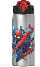Zak Designs 27oz Marvel 18/8 Single Wall Stainless Steel Water Bottle with Flip-up Straw and Locking Spout Cover, Durable Cup for Sports or Travel (27oz, Spider-Man)
